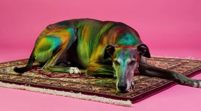 Um c&atilde;o da ra&ccedil;a galgo com pelo colorido est&aacute; posicionado em cima de um tapete em um est&uacute;dio rosa.