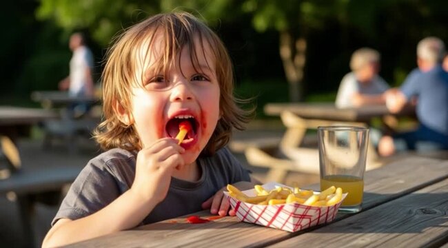 Uma crian&ccedil;a alegre comendo batata frita ao ar livre.