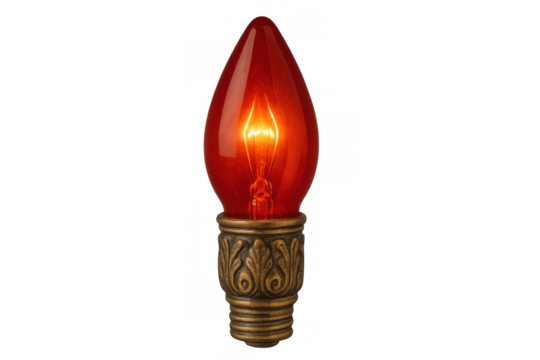 Red christmas light bulb glowing with an ornate vintage base, creating a festive holiday atmosphere on transparent background