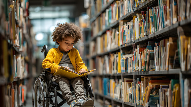 Happy young disabled mixed race school student in wheelchair reading a library book. African american child with disability learning. Inclusive 
