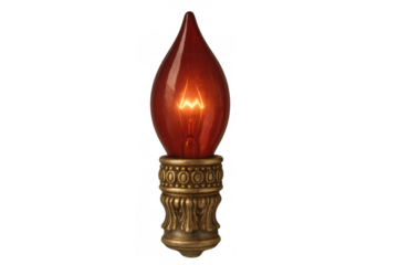 Vintage red flame tip candelabra light bulb glowing, ornate brass base, transparent background, festive holiday decoration