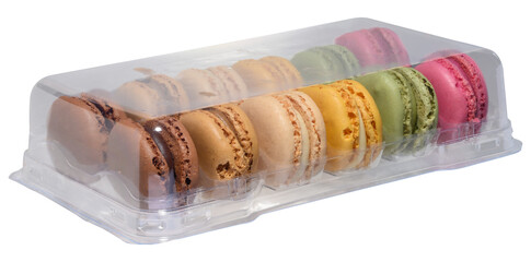 Set of colorful macaroons in transparent plastic packaging, isolated background