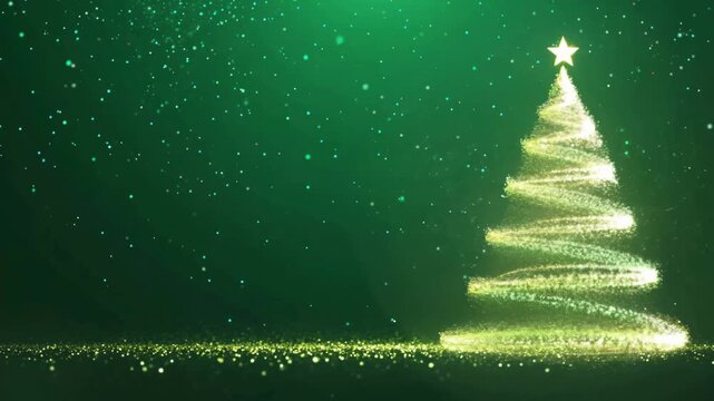A magical golden particle trail with sparks spirals up from a glittering base to form a tree on the right. Green, snowy background