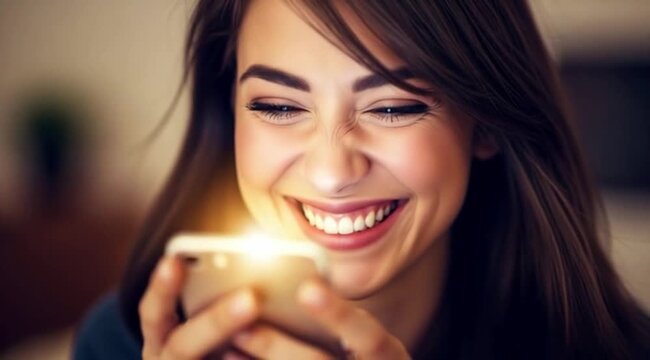 Jovem mulher sorridente enquanto interage no celular.