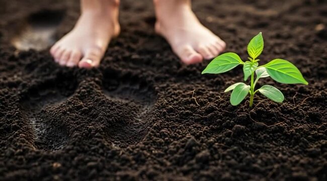 P&eacute;s de uma crian&ccedil;a pisando no solo ao lado de uma planta isolada.