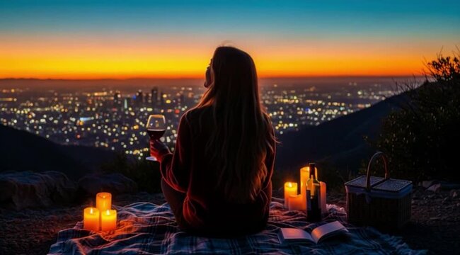 Uma mulher bebe uma ta&ccedil;a de vinho sozinha no topo de uma montanha com vista para a cidade.