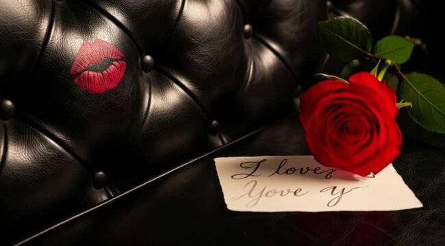 Sof&aacute; cl&aacute;ssico vintage estofado em preto com uma marca de beijo de batom, uma rosa vermelha e um peda&ccedil;o de papel com um texto rom&acirc;ntico.