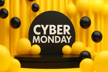 Cyber Monday background with glossy black and silver balloons and 3D spheres, ideal for digital sale ads, banners, and promotions