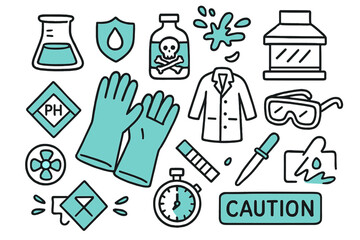 Fototapeta premium Chemical Safety Icons. // Chemical-resistant gloves. Hand-drawn doodle illustration chemical-resistant gloves [gauntlet glove pair (accented), beaker