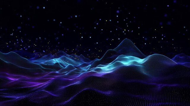 Digital Landscape of Light: A mesmerizing digital visualization of a landscape, where glowing neon waves ebb and flow across a dark, starry canvas, creating a sense of wonder.