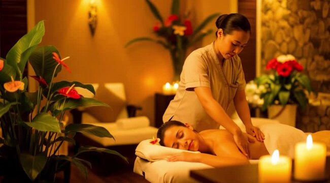 Mulher recebendo massagem corporal relaxante no spa.