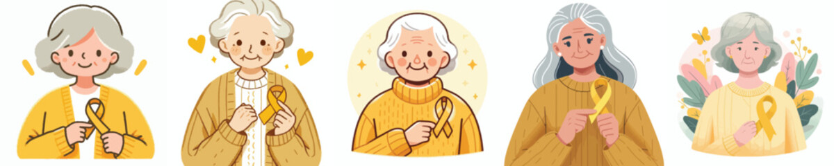 vector of a grandmother holding a yellow ribbon