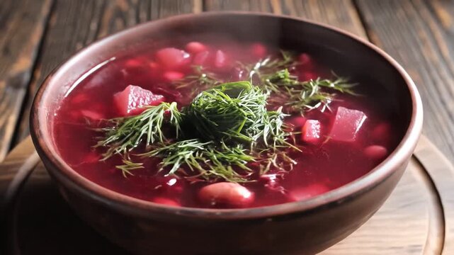Delicious Borsch Soup Garnished with Fresh Dill on a Wooden Table.