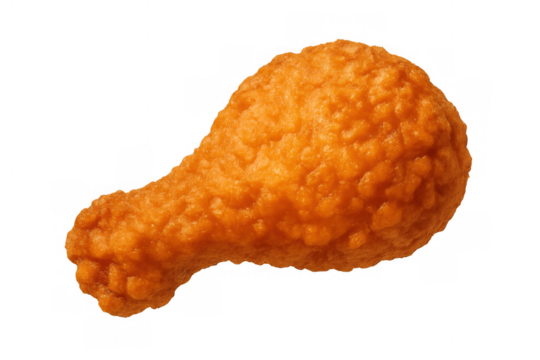 Fried crispy chicken drumstick with crunchy breading, savory fast food for quick meal or snack, transparent background