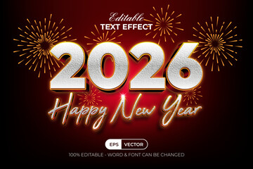 Happy New Year 2026 Text Effect Modern Shiny Style. Editable Text Effect With Firework Background.