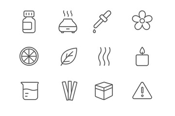 Aromatherapy Icon Set. Aromatherapy. Line icon set of aromatherapy: essential oil bottle, diffuser, dropper, flower, citrus slice, leaf, aroma steam, candle,