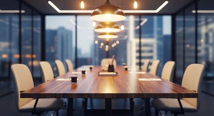 Luxury corporate meeting space with warm, dramatic lighting, reflecting on the polished wood and city lights outside.