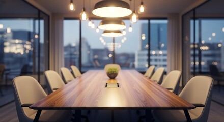 Luxury corporate meeting space with warm, dramatic lighting, reflecting on the polished wood and city lights outside.