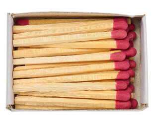 An open box of wooden matches with red heads, top view.