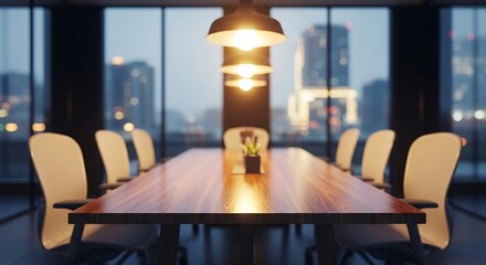 Luxury corporate meeting space with warm, dramatic lighting, reflecting on the polished wood and city lights outside.
