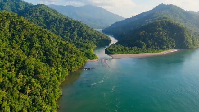 Drone pullback over the sea revealing a river mouth surrounded by dense Colombian jungle, with mountains in the background illuminated by tropical light.