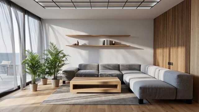 Modern interior design featuring wooden accents and sleek furniture, creating a calm and relaxing atmosphere.