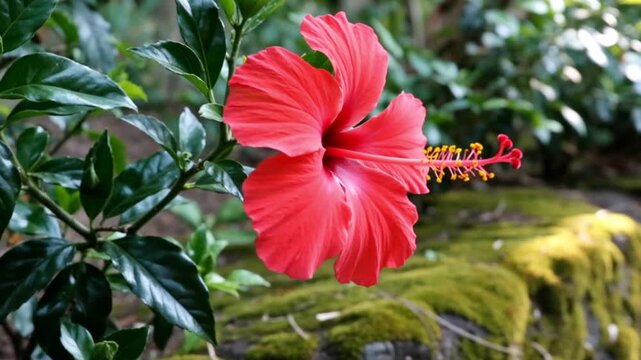 Red hibiscus flower set against a natural, lush background.