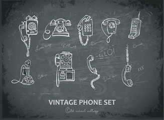 Vector doodle set of vintage telephones on blackboard background