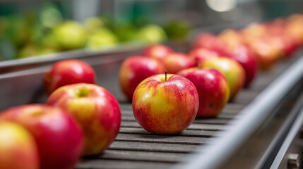 Gala apples on a packaging belt, industrial efficiency in fruit processing, supply chain dynamics in apple sorting, manufacturing innovation in food tech, production flow in fruit