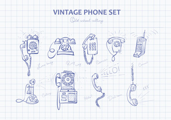 Vector doodle set of vintage phones drawn in blue ink on grid paper background