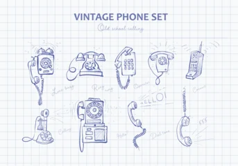 Vector doodle set of vintage phones drawn in blue ink on grid paper background © elinacious