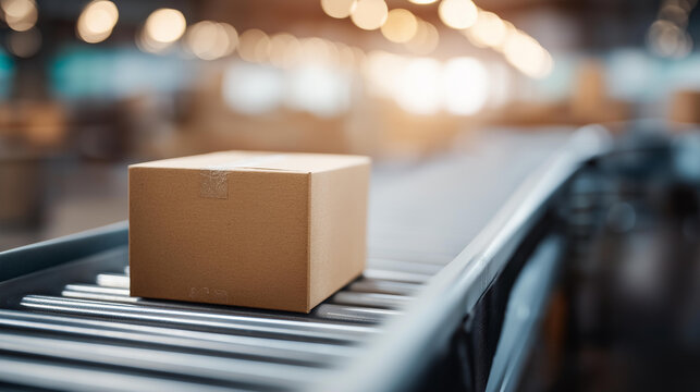 Return box on a warehouse belt, industrial efficiency in reverse logistics, supply chain dynamics in return processing, manufacturing innovation in recycling systems, production fl