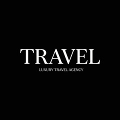 Elegant black background with the word TRAVEL in large white serif font, below which is smaller text reading LUXURY TRAVEL AGENCY.