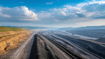 Vast coal extraction area with active belts under a clear sky, industrial efficiency in large-scale mining, supply chain dynamics in coal processing, manufacturing innovation in op
