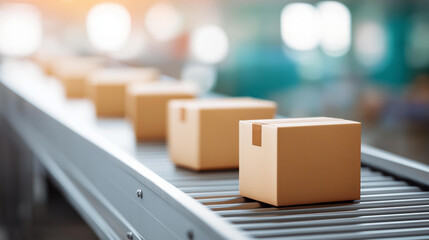 Boxes on a warehouse distribution belt, industrial efficiency in package movement, supply chain dynamics in warehouse flow, manufacturing innovation in logistics systems, productio