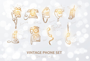 Glowing vintage phone doodles with light bokeh effect on white background, hand-drawn vector set.