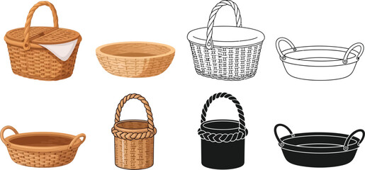 Assorted wicker basket vector art picnic basket illustration