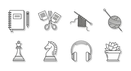 hobby icons notebook scissors knitting chess headphones  succulent representing diverse creative pursuits and relaxation for blogs  DIY guides.