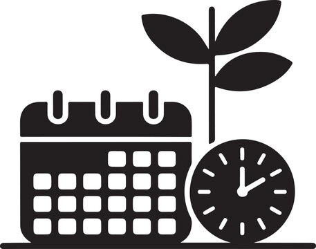 Vector graphic depicting a calendar planner a clock and a leaf branch combining themes of scheduling time management and nature