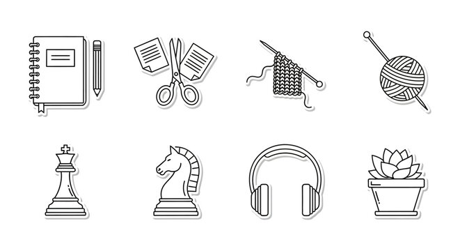 hobby icons notebook scissors knitting chess headphones  succulent representing diverse creative pursuits and relaxation for blogs  DIY guides.