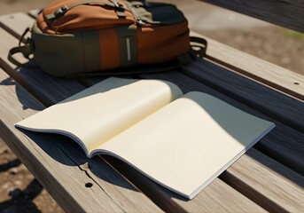 Adventure Magazine Mockup on Outdoor Wooden Bench Beside Backpack, Natural Daylight, and Realistic Shadows