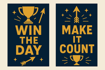 Motivational Victory Banners. Win the day. Two vertical A6 banners with safe margins, centered composition, no elements touching edges, bold, navy and gold,