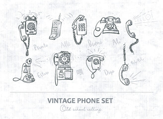 Vintage phone doodles on old paper background with greetings in different languages, hand-drawn vector set © elinacious