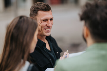 A man in a dark shirt shares a smile while speaking with two others outside, capturing a warm, relaxed moment of conversation and camaraderie.