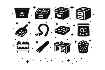 Obraz premium LEGO Organization Icons. LEGO Storage and Organization. Solid icons set of LEGO Storage and Organization: storage bin, color sorter, labeled box, small drawer,