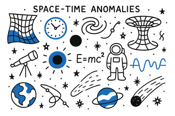 Space-Time Doodle Art. // Space-time anomalies. Hand-drawn doodle illustration Space-time anomalies [twisting grid (accented), clock (accented), black hole