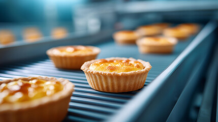 Tarts moving on a pastry production belt, industrial efficiency in food manufacturing, supply chain dynamics in bakery output, manufacturing innovation in pastry tech, production f