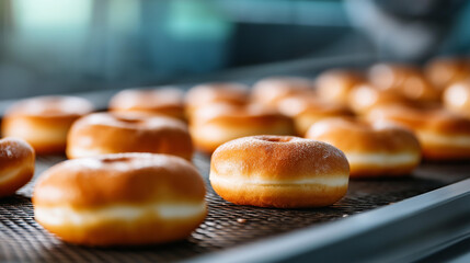 Fresh doughnuts on a bakery belt, industrial efficiency in food production, supply chain dynamics in bakery output, manufacturing innovation in confectionery tech, production flow