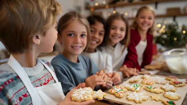 Group of kids proudly decorating cookies with Christmas-themed designs, emotion of satisfaction and creativity visible, symbolizing joyful holiday crafting, home baking fun, and traditional winter