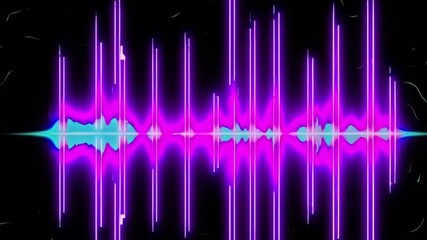 Looped animation of glowing pink and cyan sound wave with vertical bars on black background for music visualizer and audio spectrum design - Powered by Adobe